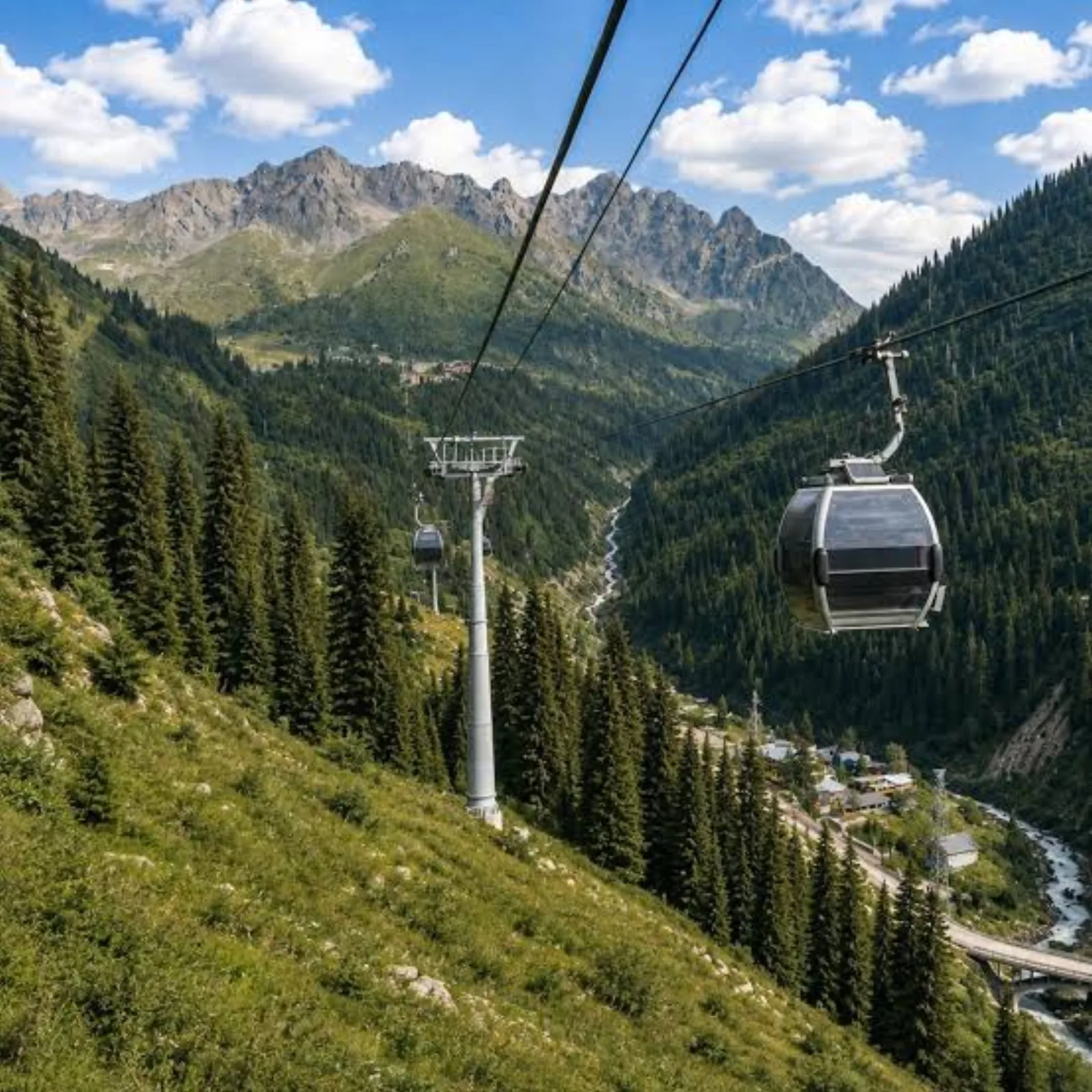 Gondola cabins crossing the valley toward jagged mountain peaks